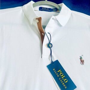 Polo Ralph Lauren long sleeve polo:brown suede collar opening:medium:NWT